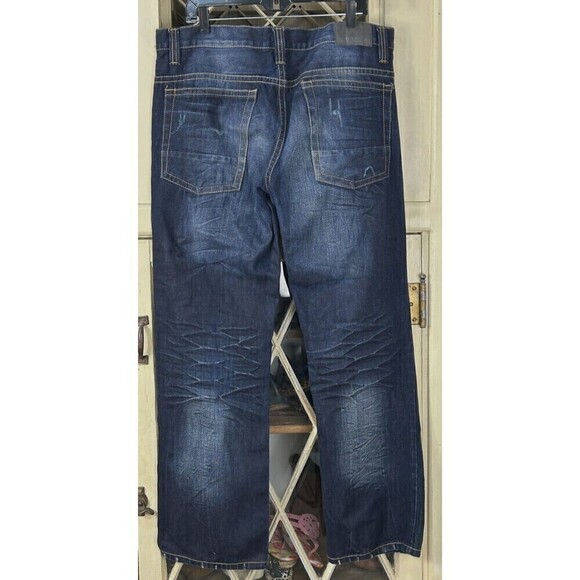 Machine Men Dark Blue Jean Sz 38x32 Distressed Straight Leg Relaxed Fit Denim T4 - Picture 4 of 11